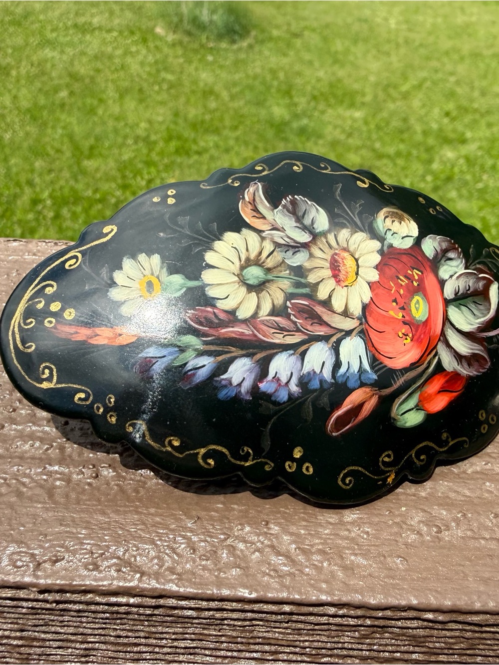 Vintage Russian Hand-Painted Floral Hair Clip in Black with Red & Cream Flowers